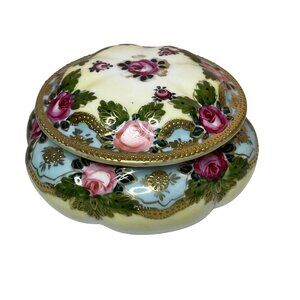 Nippon Dresser Box Trinket  Powder Jar Gold Bead Moriage Floral Rose Vanity